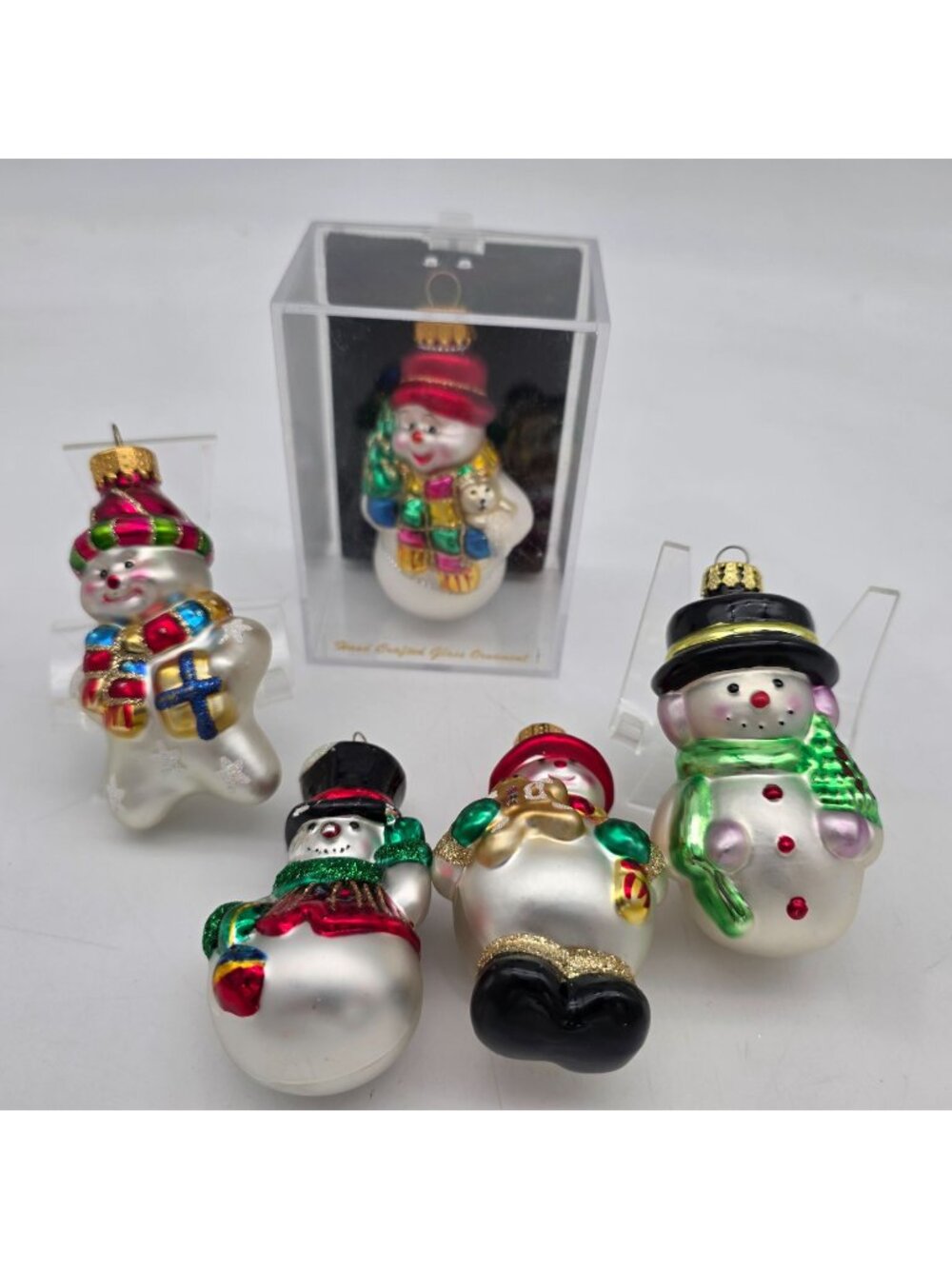 VTG Glass Snowman Christmas Ornaments Multicolor Design With Glitter